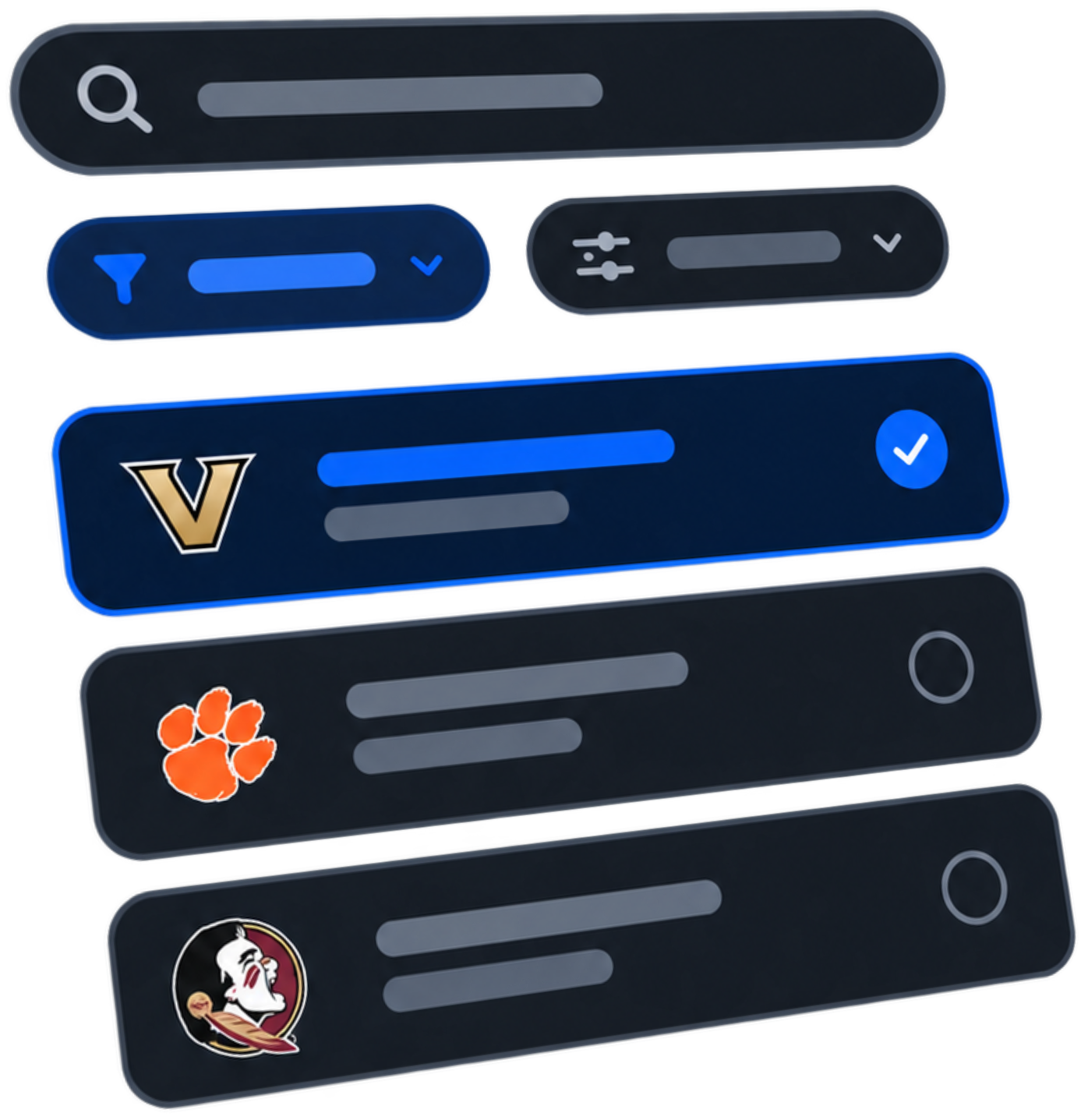 Illustration of college baseball program search filters and selected schools.